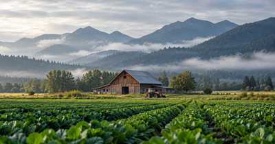 Farm fields, a barn and mountains