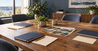 Boardroom table prepared for a nonprofit planning discussion