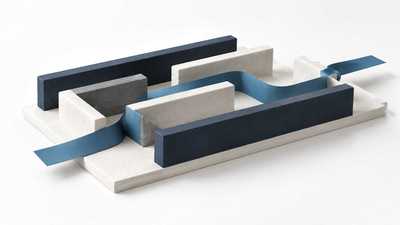 A blue paper ribbon following a clear route through navy and ivory forms.