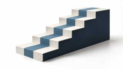 A blue ribbon following five ascending steps in a navy and ivory sculpture.