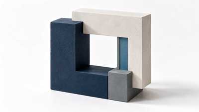 Navy, slate and ivory geometric forms fitted together into an open square.