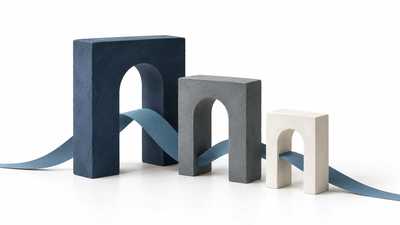 Three sculptural arches connected by one continuous blue paper ribbon.